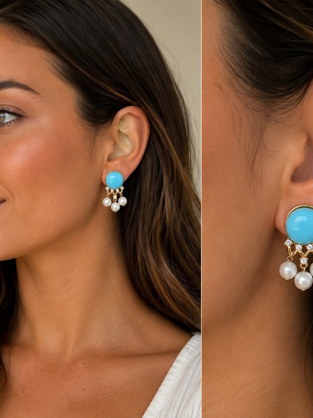 1960-1980 Trifari Design- Turquoise Pearl Drop Stud Earrings - Gold